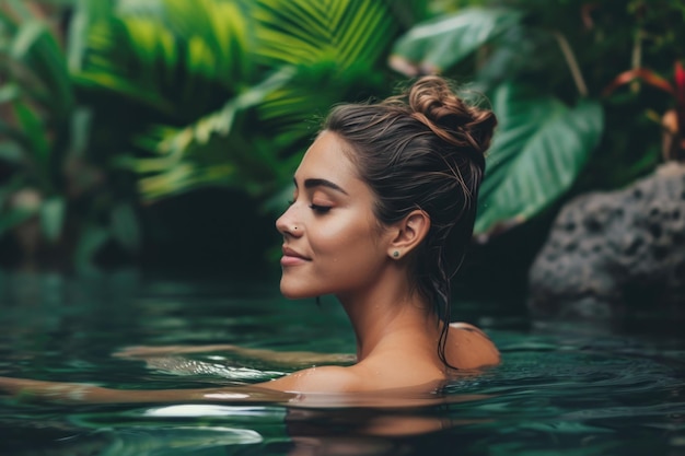 Em meio a um oásis exuberante, uma mulher nada graciosamente em uma piscina, sua expressão refletindo a calma interior e a serenidade verdejante ao redor