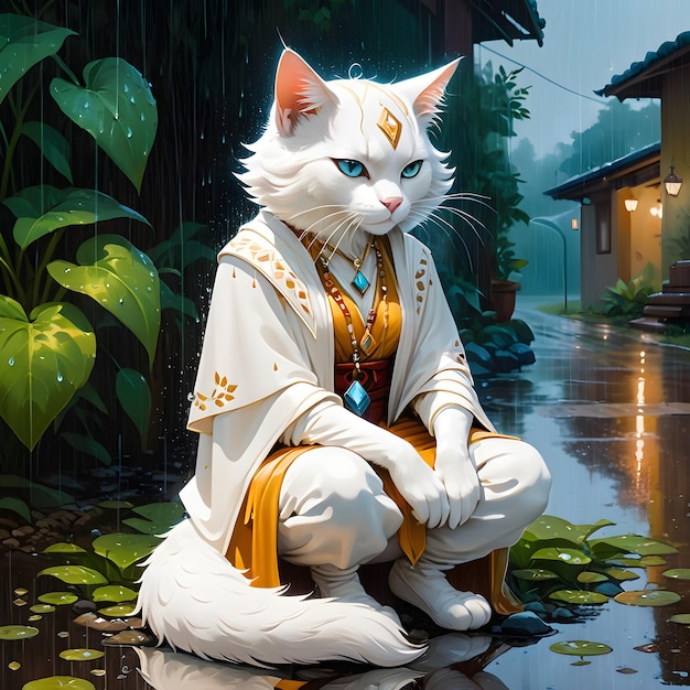 Em meio a uma chuva suave há um pensativo branco boêmio gato antropomórfico graciosamente empoleirado un