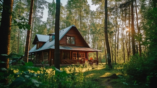 Em meio a uma floresta exuberante com uma cabana de madeira Generative AI, as vantagens e desvantagens de uma casa de madeira e a ideia de imóveis suburbanos