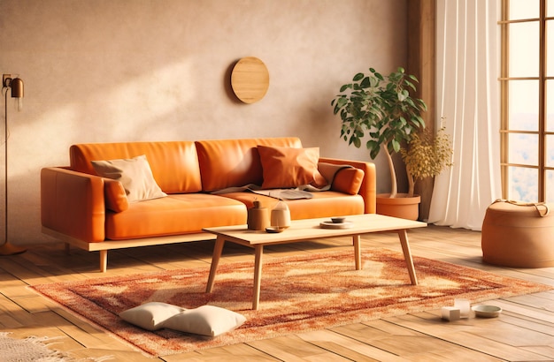Em meio a uma sala de estar aberta, um sofá de couro marrom e uma mesa de café de madeira se combinam para criar um espaço aconchegante e convidativo