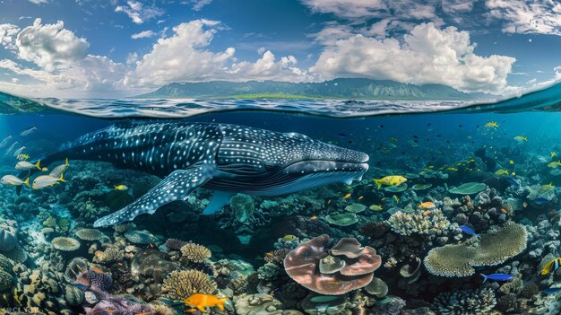 Foto em meio à vasta extensão do oceano, uma visão dividida captura a relação simbiótica entre uma majestosa baleia e a diversa vida marinha que chama o reino subaquático de casa.