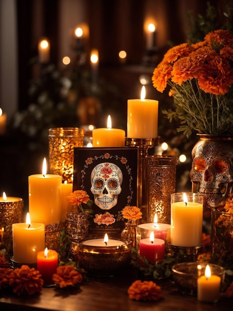 em memória do Dia dos Mortos Um altar sereno à luz de velas adornado com malmequeres