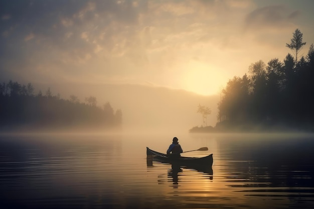 Em movimento ao amanhecer no lago Generative ai