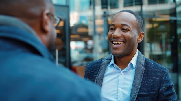 Em negócios casuais um homem sorri e cumprimenta um colega por um escritório moderno vida profissional movimentada cara acenando para um amigo