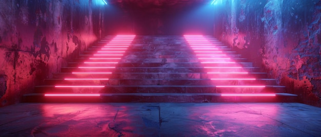 Foto em neon cosmos unleashed, pódios futuristas renderizados em 3d dominam o palco em uma extravagância cyberpunk de renderizações futuristas em 3d.