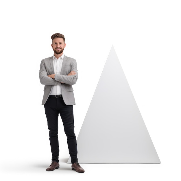 Em pé, alto, um empregado orgulhoso no meio de uma pirâmide branca.