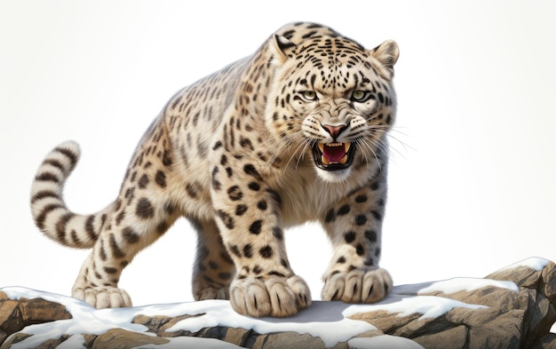 Em pé na pedra impressionante leopardo da neve no modo de ataque isolado no fundo branco