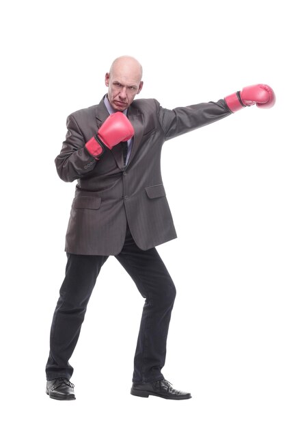 Em pleno crescimento. homem de negócios em luvas de boxe. Isolado em um fundo branco.