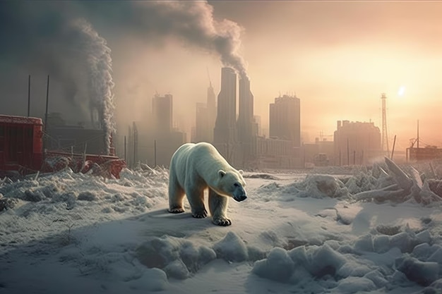 Em primeiro plano, um urso do Ártico se destaca enquanto as chaminés das fábricas formam um cenário sombrio