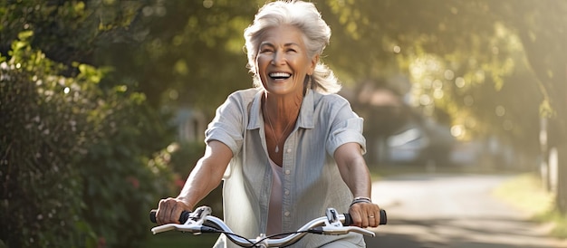 Em que direção devo tomar Mulher sênior pedalando alegremente sozinha em uma área suburbana