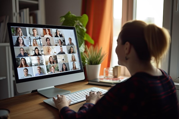 Em Riga, Letônia, em 4 de abril de 2020, uma adorável jovem está participando de uma videoconferência usando