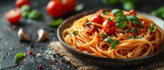 Em saco de espaguete bolognese com sumo de tomate de alho e hortelã