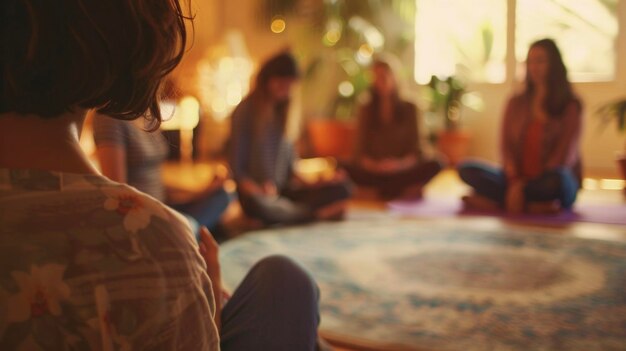 Em um aconchegante estúdio de ioga, os alunos se reúnem em círculo para praticar meditação guiada.