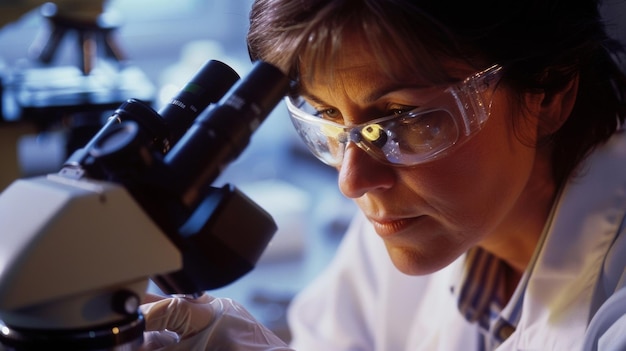 Em um ambiente de laboratório, um cientista examina cuidadosamente uma amostra de solo sob um microscópio