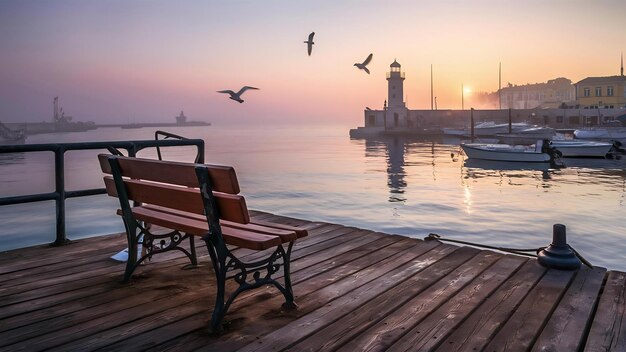 Foto em um banco com vista para a névoa matinal sobre o porto de limassol, chipre