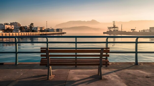 Foto em um banco com vista para a névoa matinal sobre o porto de limassol, chipre