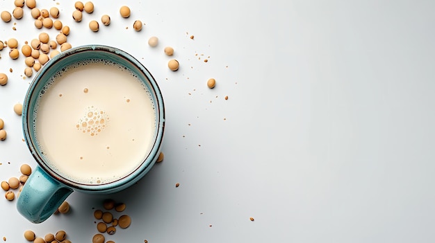 Em um cenário branco aparece uma xícara de leite de soja com grãos de soja esporádicos e grande espaço IA generativa