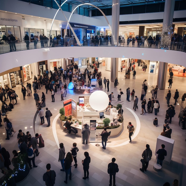 Em um centro comercial movimentado, uma loja direta está segurando um novo