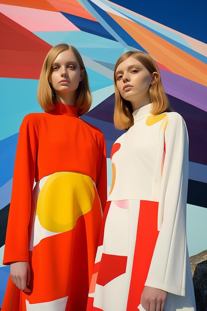 Em um conjunto de cores vibrantes e hipnotizantes inspiradas na geometria, duas jovens suecas posam