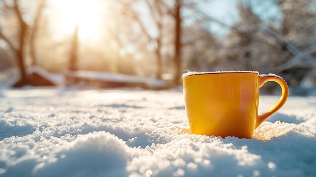 Foto em um dia ensolarado, a xícara amarela fria cheia de café quente é colocada lá fora na neve.