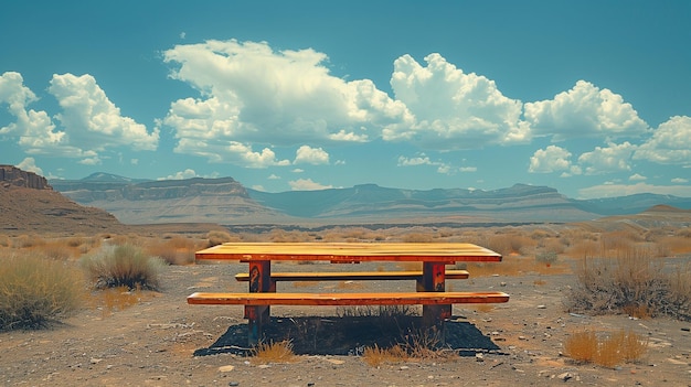 Em um enorme deserto uma parada de descanso e área de piquenique