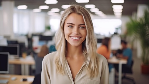 Em um escritório contemporâneo, uma jovem atraente é vista sorrindo para a câmera Generative AI
