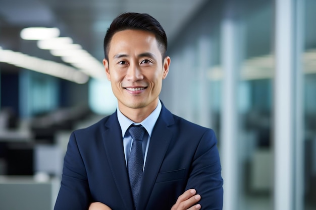 Foto em um escritório moderno e brilhante, um belo empresário chinês de 35 anos