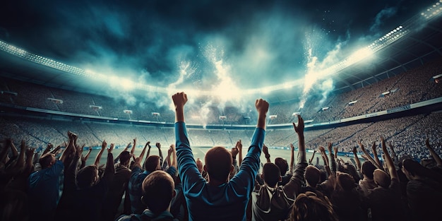 Foto em um estádio de futebol, as luzes iluminam a cena exuberante enquanto os torcedores torcem apaixonadamente, criando uma atmosfera eletrizante de emoção ai generative ai