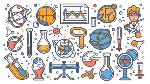 Foto em um estilo de design plano, ilustração moderna minimalista, há símbolos científicos, personagens científicos e ícones de instrumentos.