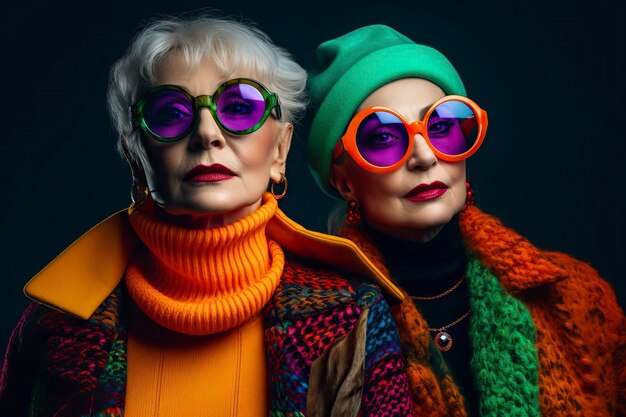 Em um estúdio, duas mulheres idosas aposentadas e cheias de vida fazem uma pose usando roupas de festa vibrantes, maquiagem colorida e óculos de sol elegantes gerados por IA