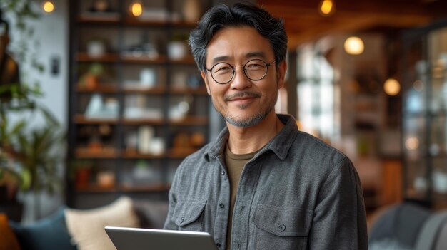 Em um estúdio isolado, um homem asiático enfrenta um tablet digital para um aplicativo de finanças, investimento de fintech ou orçamento de seguros. Um homem de negócios feliz enfrenta a tecnologia para um mercado de ações ou