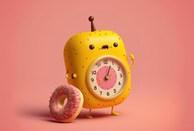 Em um fundo amarelo, uma grande figura de rosquinha vidrada de morango está segurando um despertador