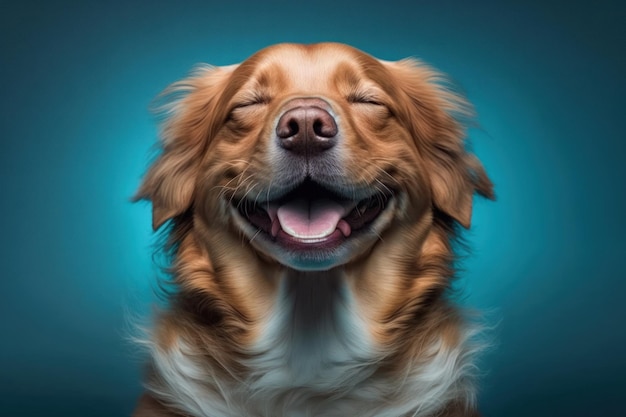 Em um fundo azul, um cachorrinho sorridente e feliz pode ser visto com os olhos fechados
