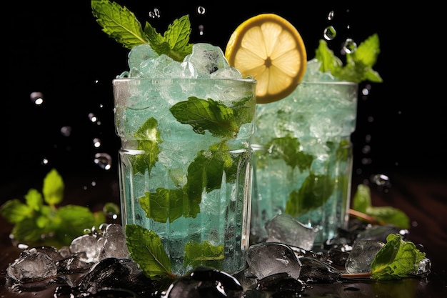 Em um fundo azul, um coquetel Mojito fresco feito com menta e gelo Um vídeo congelado de um st