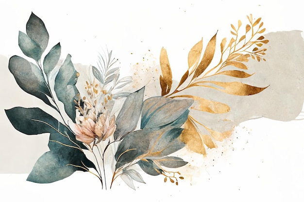 Foto em um fundo branco, desenho em aquarela, plantas, flores, tinta dourada generative ai