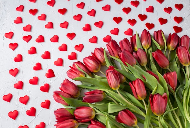 em um fundo branco muitas tulipas vermelhas e corações
