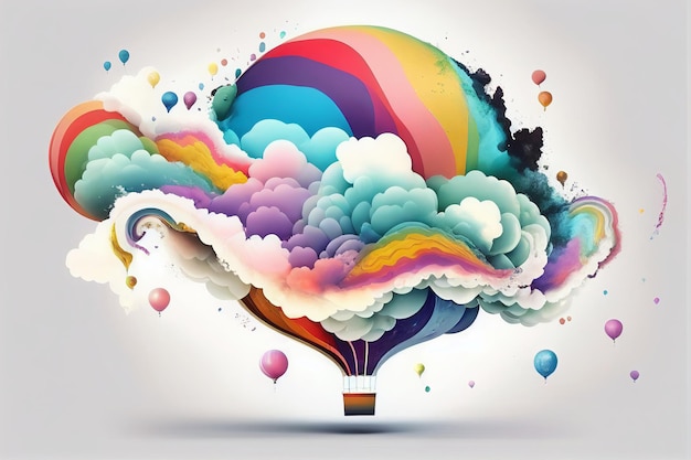 Em um fundo branco, um balão de ar quente nas nuvens pintado com cores brilhantes Generative AI