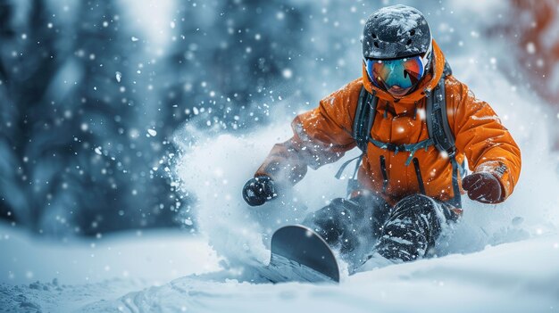 Em um fundo branco, um retrato de um jovem snowboarder realizando um movimento de salto em sua prancha de neve