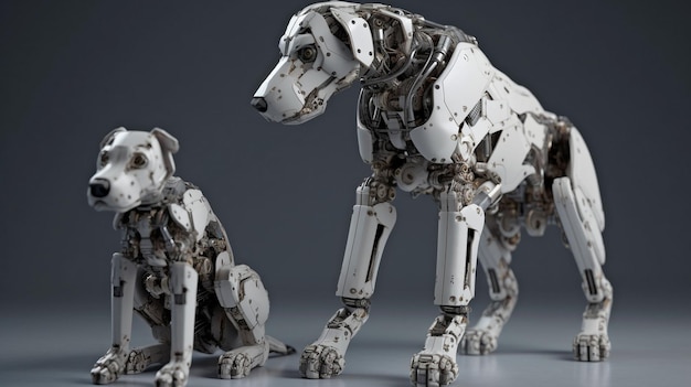 Em um fundo cinza claro, um robô e seu cachorro estão posando Generative AI