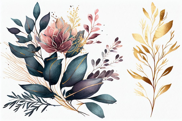 Em um fundo claro, plantas flores pintadas em aquarela em cores delicadas com tinta dourada Generative AI