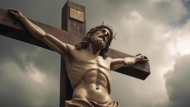 Em um fundo de nuvem, um retrato de Jesus Cristo na cruz usando Generative AI