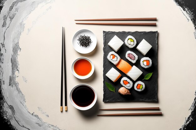 Em um fundo de pedra branca nigiri sushi maki rolls molho de soja e pauzinhos são exibidos culinária japonesa em sua melhor vista superior e copie o espaço