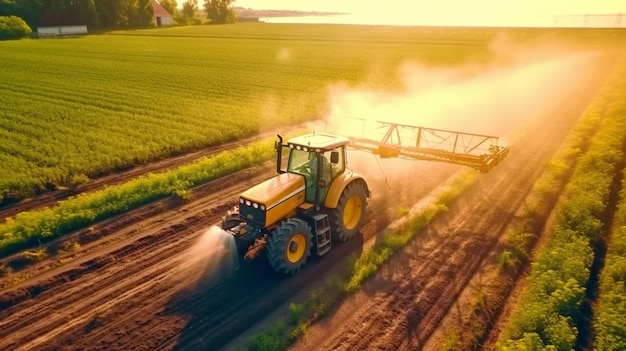 Foto em um fundo ensolarado, o trator pulveriza pesticidas no campo the generative ai