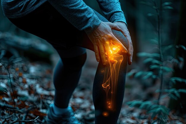 Foto em um fundo escuro, um homem está sofrendo de desconforto no joelho e lesões relacionadas com o exercício