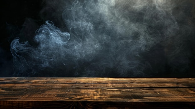 Em um fundo preto, uma mesa de madeira vazia com fumaça flutua. Espaço vazio para exibir seus produtos.