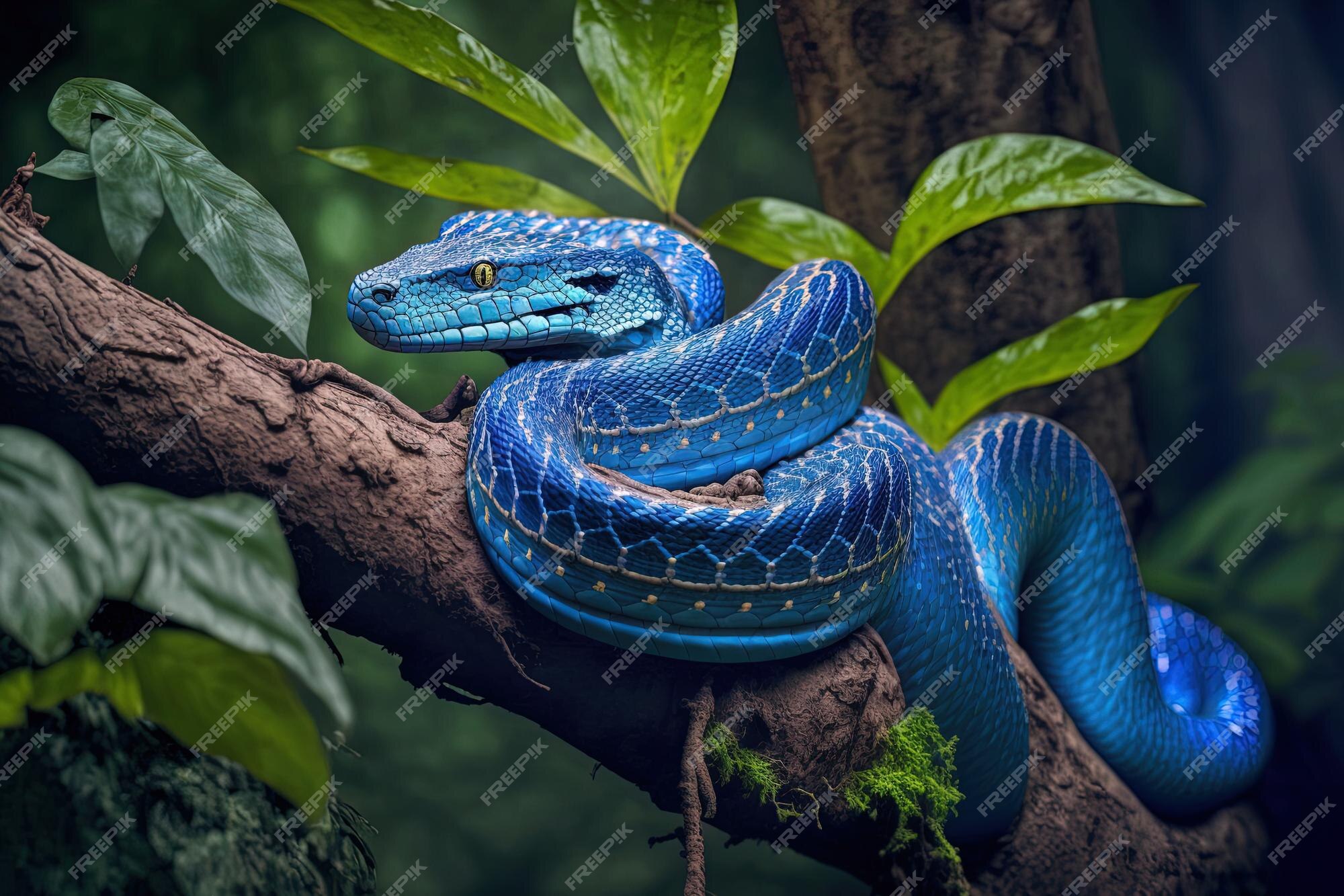 Desenho de víbora de cobra azul bonito no galho de árvore