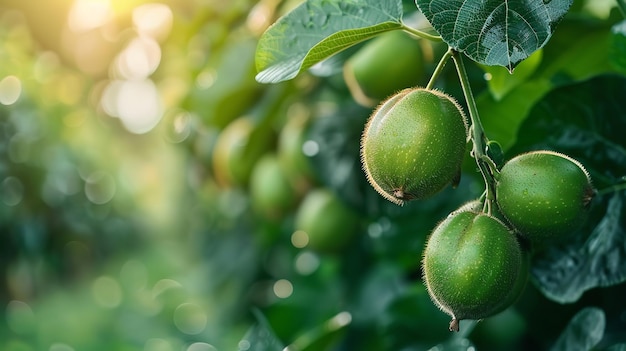 Em um jardim de kiwis tropicais, frutas de abacate verdes saudáveis estão amarradas em árvores verdes adoráveis.