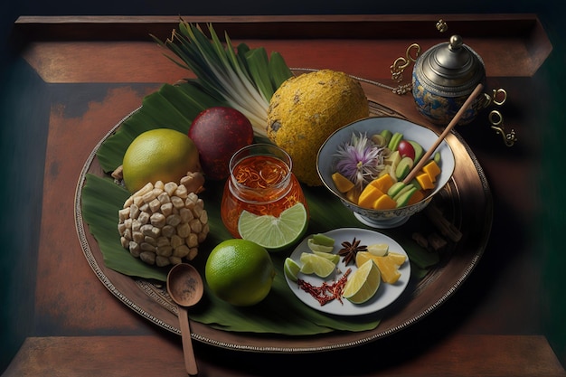 Em um jogo americano de vime, uma tigela de frutas em conserva, incluindo limão, abacaxi, manga, cobra, água, maçã, jicama e outras frutas, os elementos incluem uma colher, guardanapo, bule de chá e xícara.