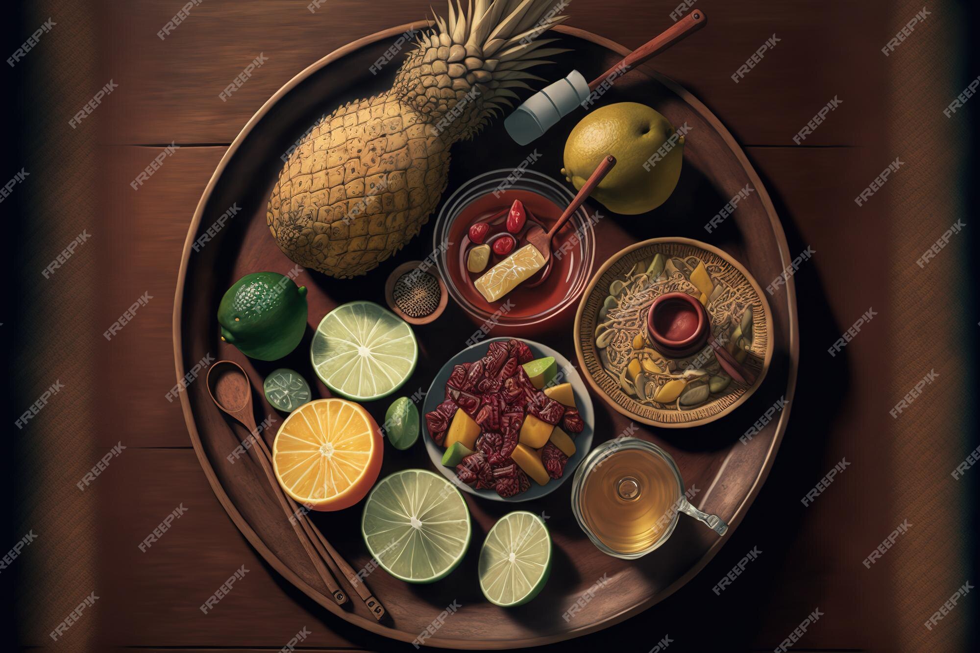 Em um jogo americano de vime, uma tigela de frutas em conserva, incluindo  limão, abacaxi, manga, cobra, água, maçã, jicama e outras frutas, os  elementos incluem uma colher, pimenta caiena, guardanapo, chá p