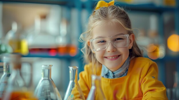 Em um laboratório de química, uma jovem alegre vestindo um casaco de laboratório faz etapas químicas.